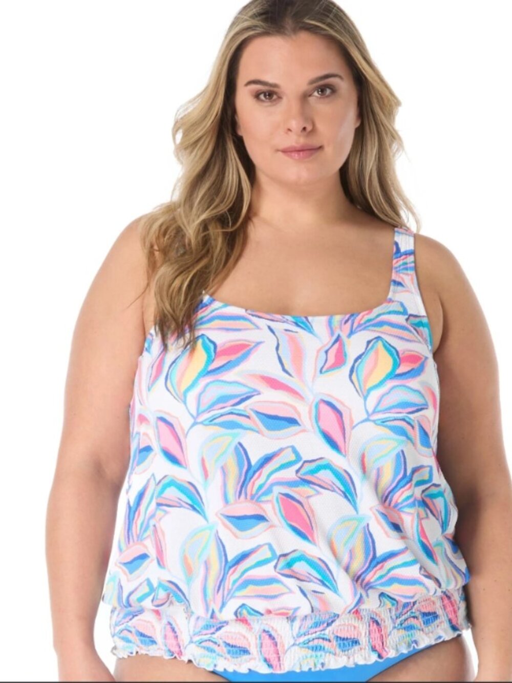Beach House Brandy Smocked Blouson Tankini Top – Multicolor Tropical Print – Siz
